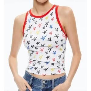 Alice + Olivia x LELE PONS Stars Allen Tank Top Size L Ribbed Knit Cotton White